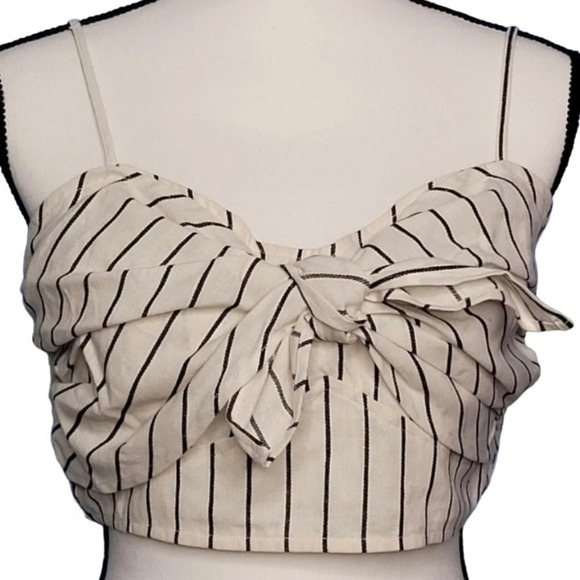Lulus Fairlyn ivory and blue linen blend striped tie front crop top, size Medium - Picture 1 of 6